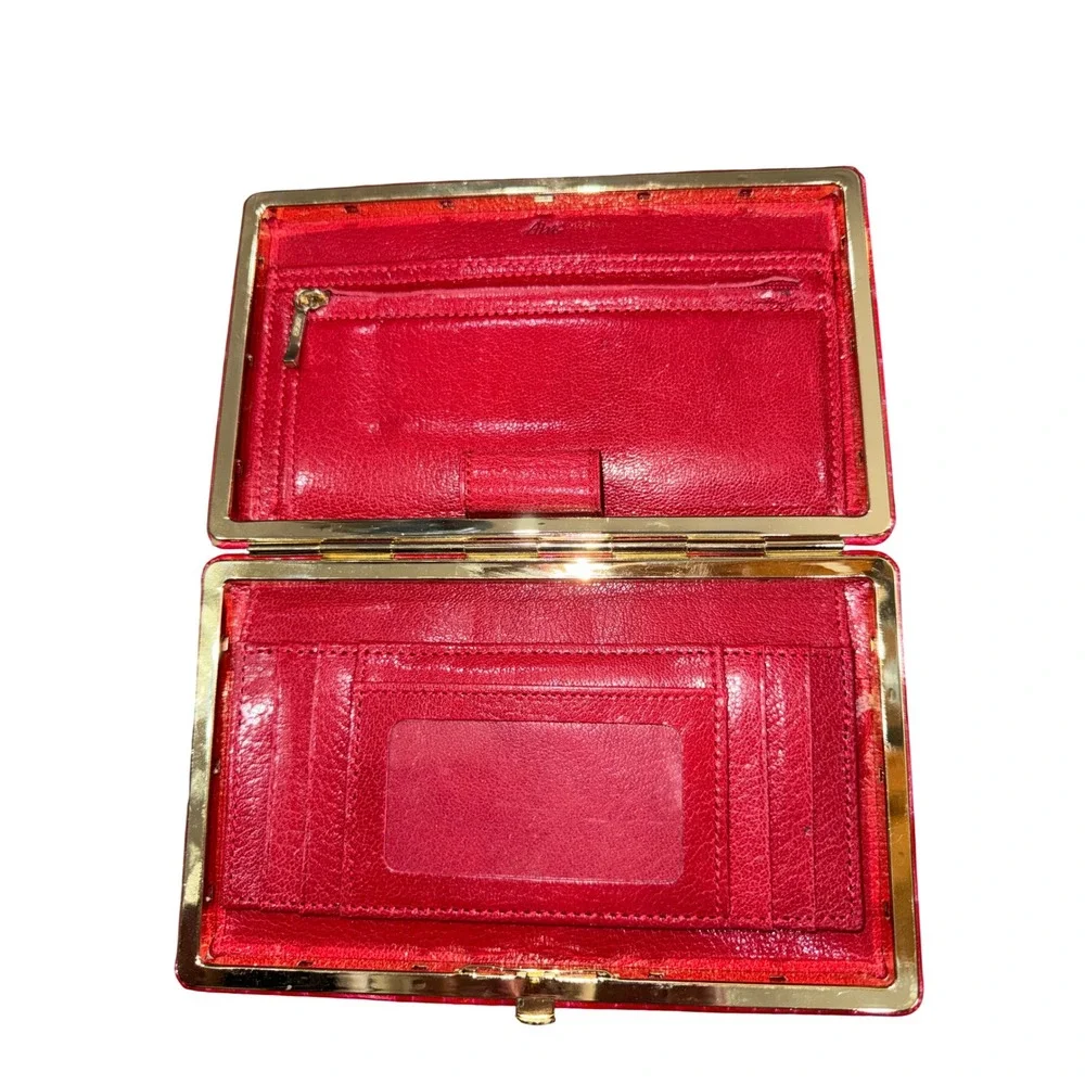 Abas Red Glossy Crocodile Embossed Leather Clutch Wallet Gold Frame